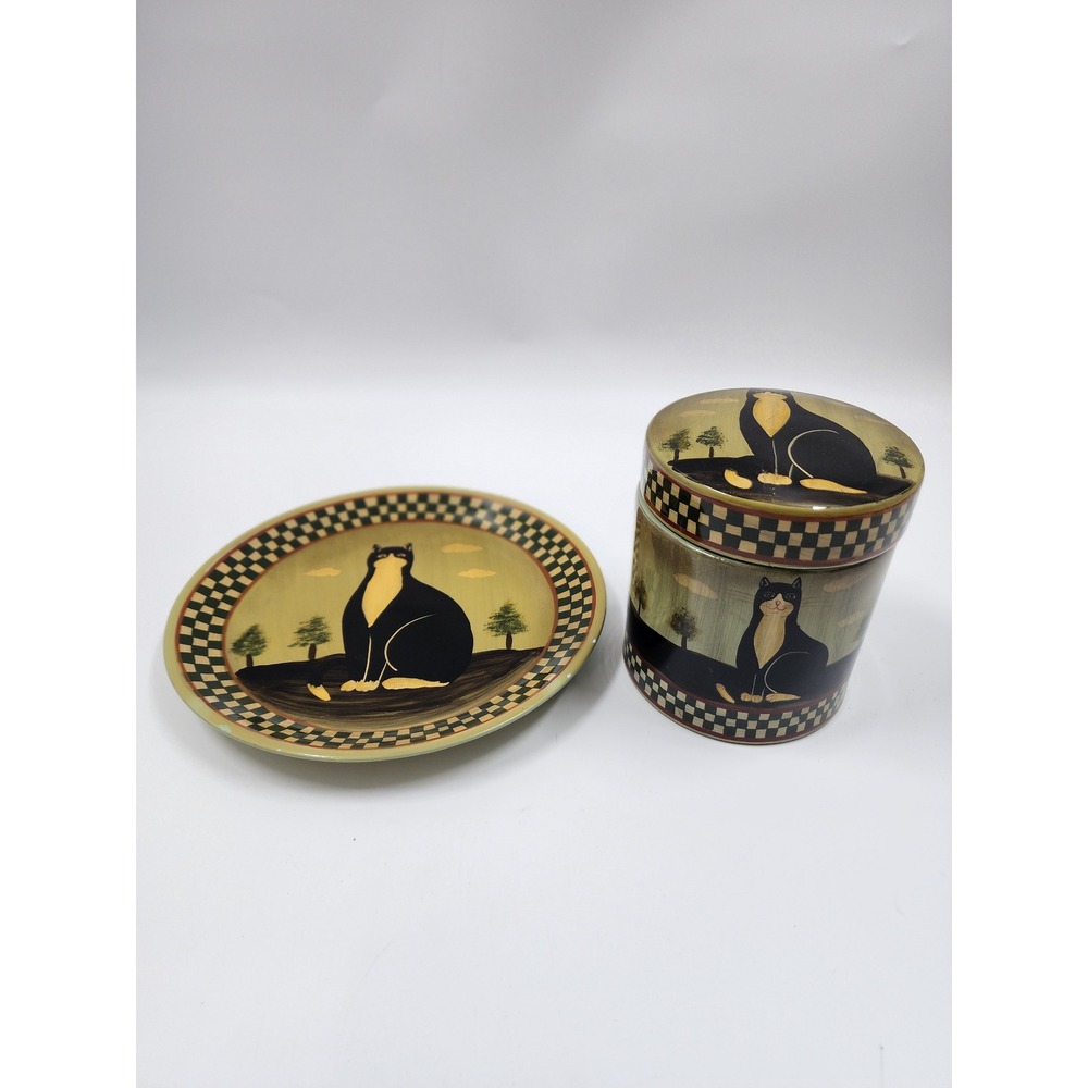 Primitive Folk Art Black Tuxedo Cat Decorative Canister and Plate Set Checkered